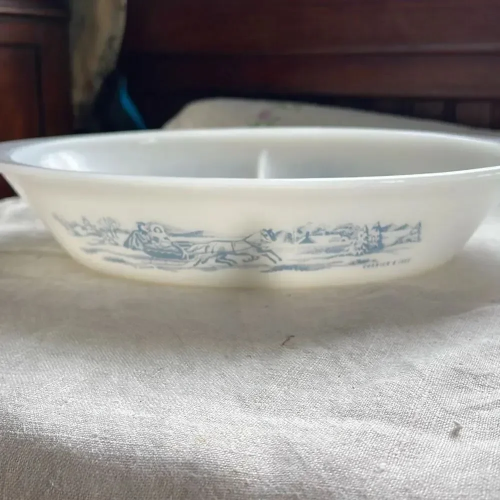 Vintage Glasbake divided dish Currier & Ives
